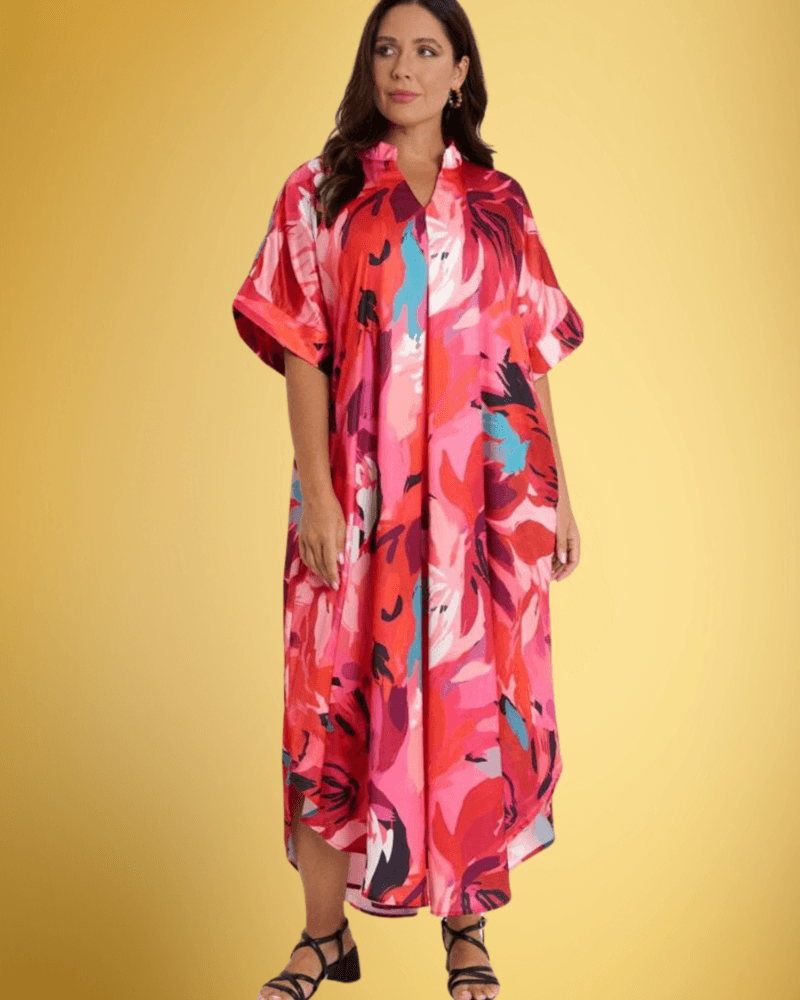 Robe Caftan Longue Fluide à Imprimé Floral Abstrait – Explosion de Couleurs & Élégance Décontractée