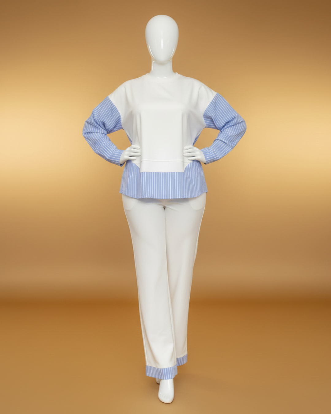 Ensemble Casual Blanc & Rayures Bleues – Confort Chic – Image 2