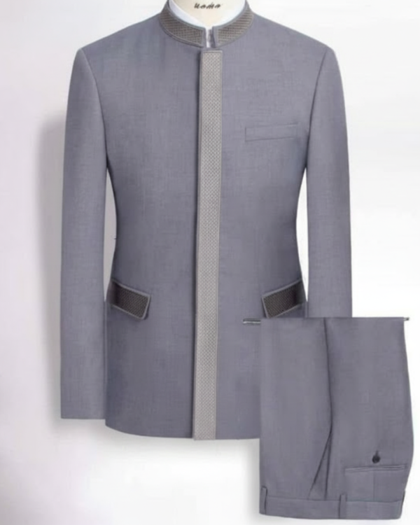 Ensemble Costume Homme Gris Clair – Col Mao & Bande Centrale Texturée