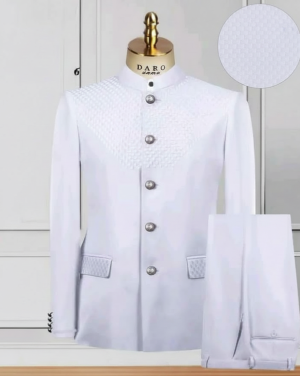 Ensemble Costume Homme Blanc – Col Mao Texturé & Boutons Métalliques