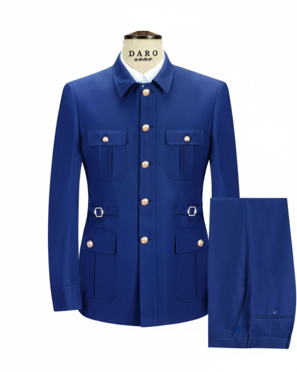Ensemble Costume Homme Bleu Royal – Veste Structurée à Poches & Boutons Dorés