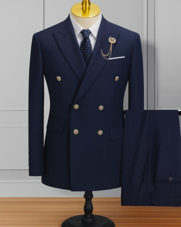 Costume Homme Bleu Marine – Coupe Croisée Élégance Premium à Boutons Dorés