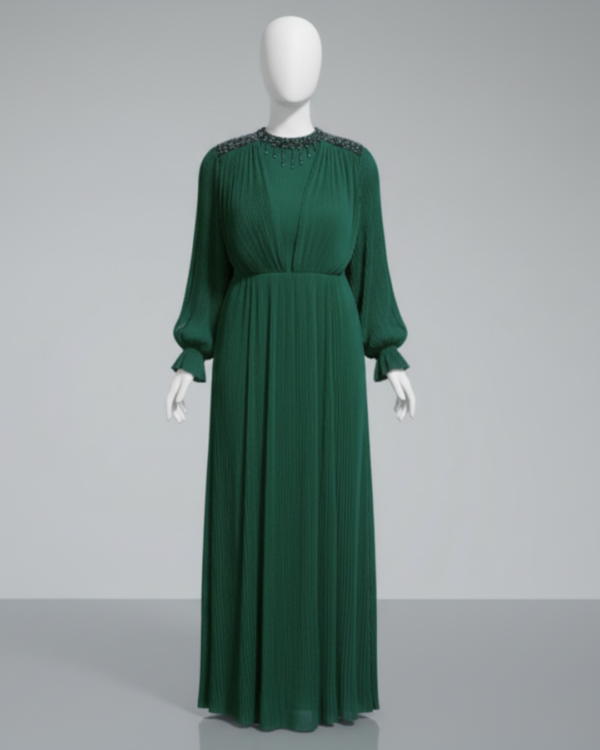 Robe Longue Émeraude Prestige – Manches Longues Plissées