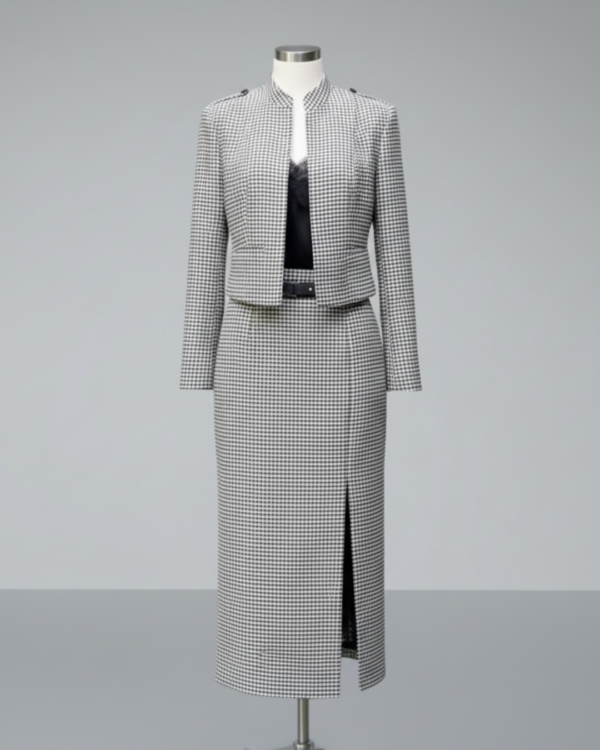 Ensemble Tailleur Chic Pied-de-Poule – Jupe Longue Fendue