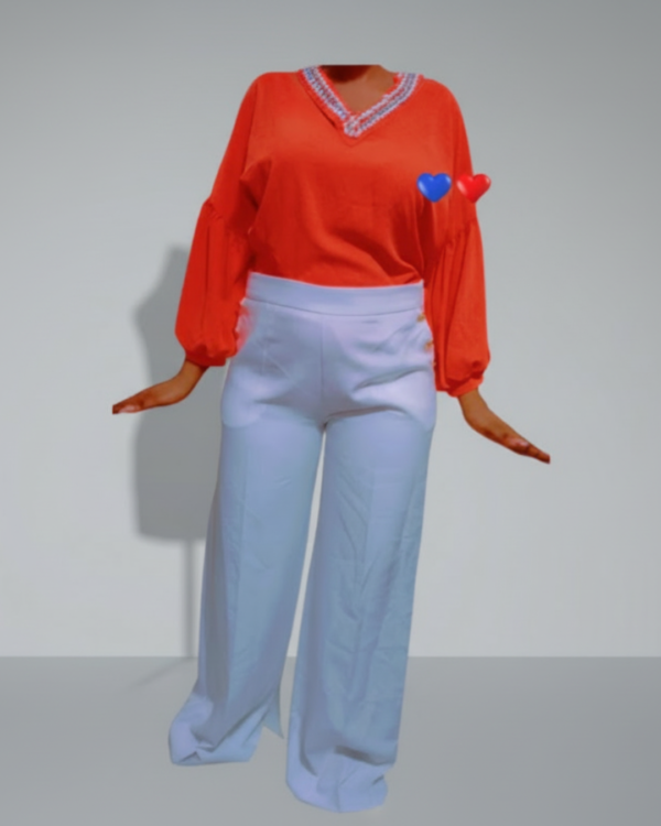 Ensemble Femme Élégance Colorée – Haut Rouge & Pantalon Fluide Clair
